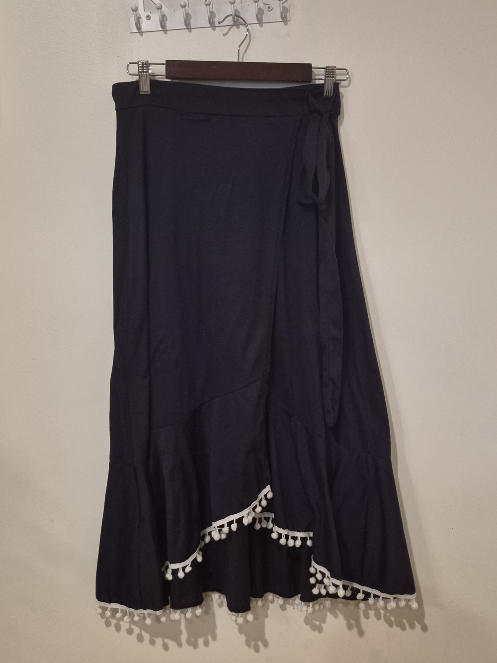Black Maxi Wrap Skirt with White Pom-Pom Trim